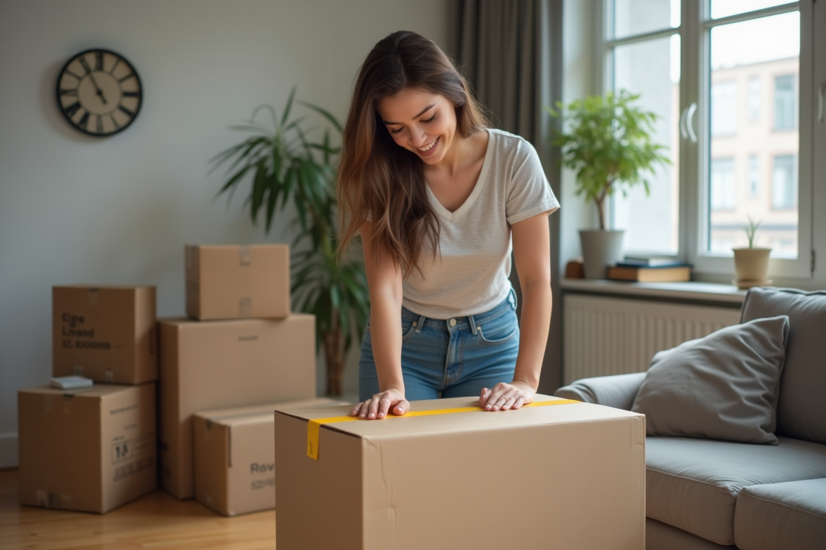 Jeune femme emballant un carton dans un appartement moderne