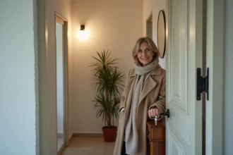 Femme souriante dans une entrée chaleureuse et moderne