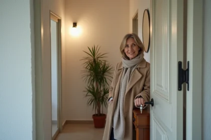 Femme souriante dans une entrée chaleureuse et moderne