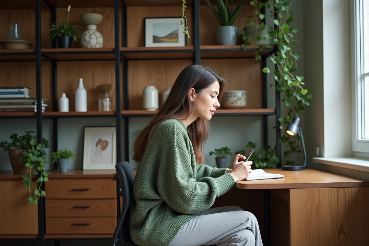 Femme travaillant dans un espace bureau créé par une séparation modulable en métal noir et bois dans un appartement moderne