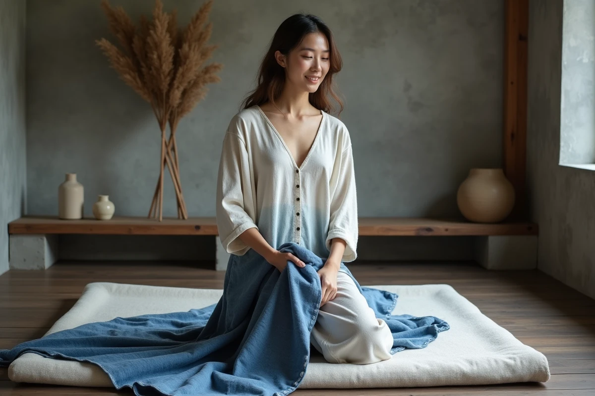 Femme dépliant un jeté en coton indigo sur un futon dans une chambre au style wabi-sabi minimaliste et authentique