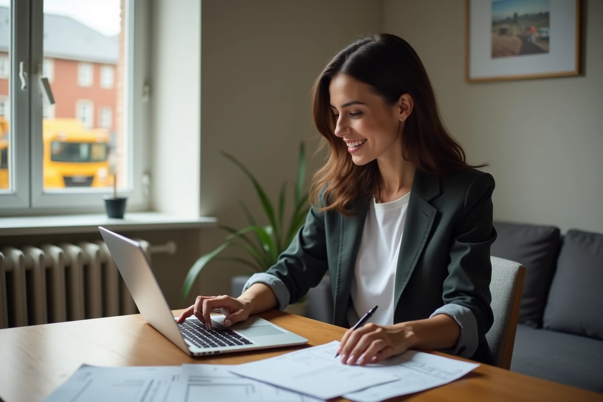 Jeune femme v&eacute;rifiant ses d&eacute;penses de r&eacute;novation sur un ordinateur