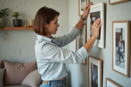Femme accrochant un cadre dans un salon moderne