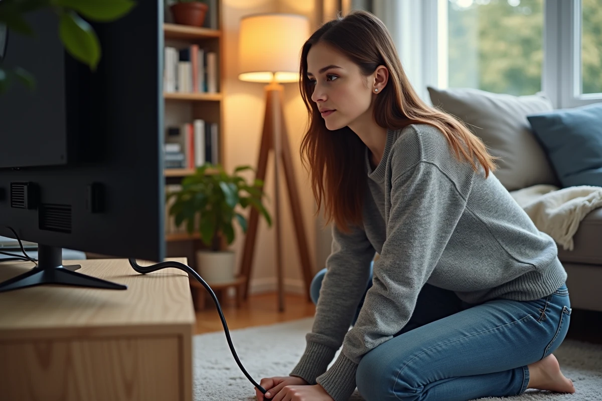 Jeune femme vérifiant un câble coaxial près de la télévision