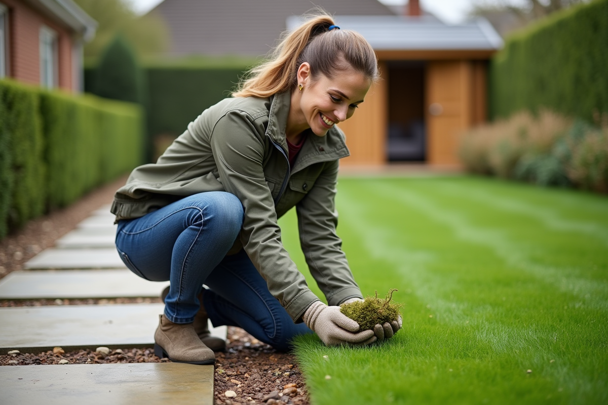 Femme vérifiant un gazon scarifié avec satisfaction dans un jardin moderne
