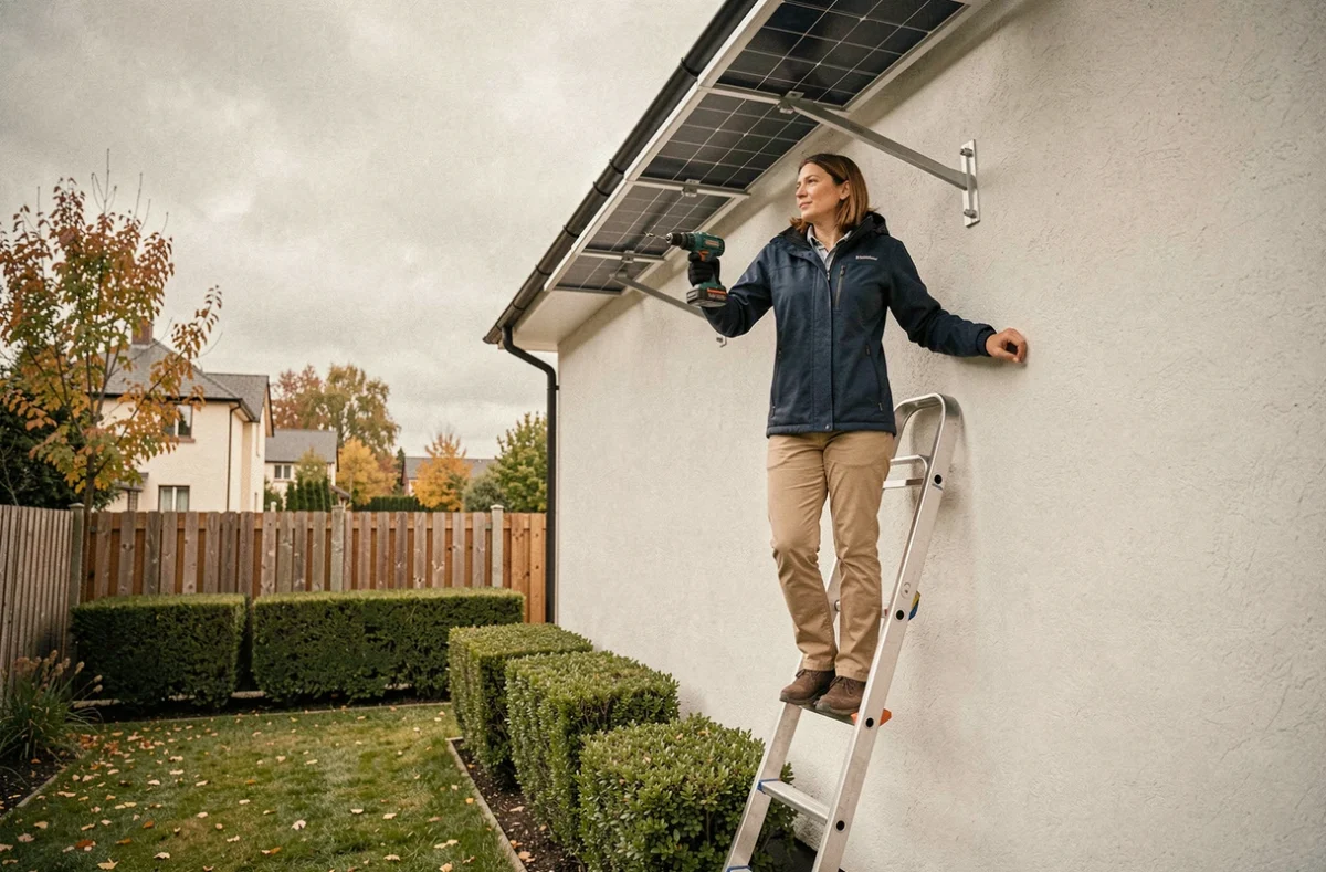 Femme installant un support de panneau solaire sur une façade enduite de maison individuelle