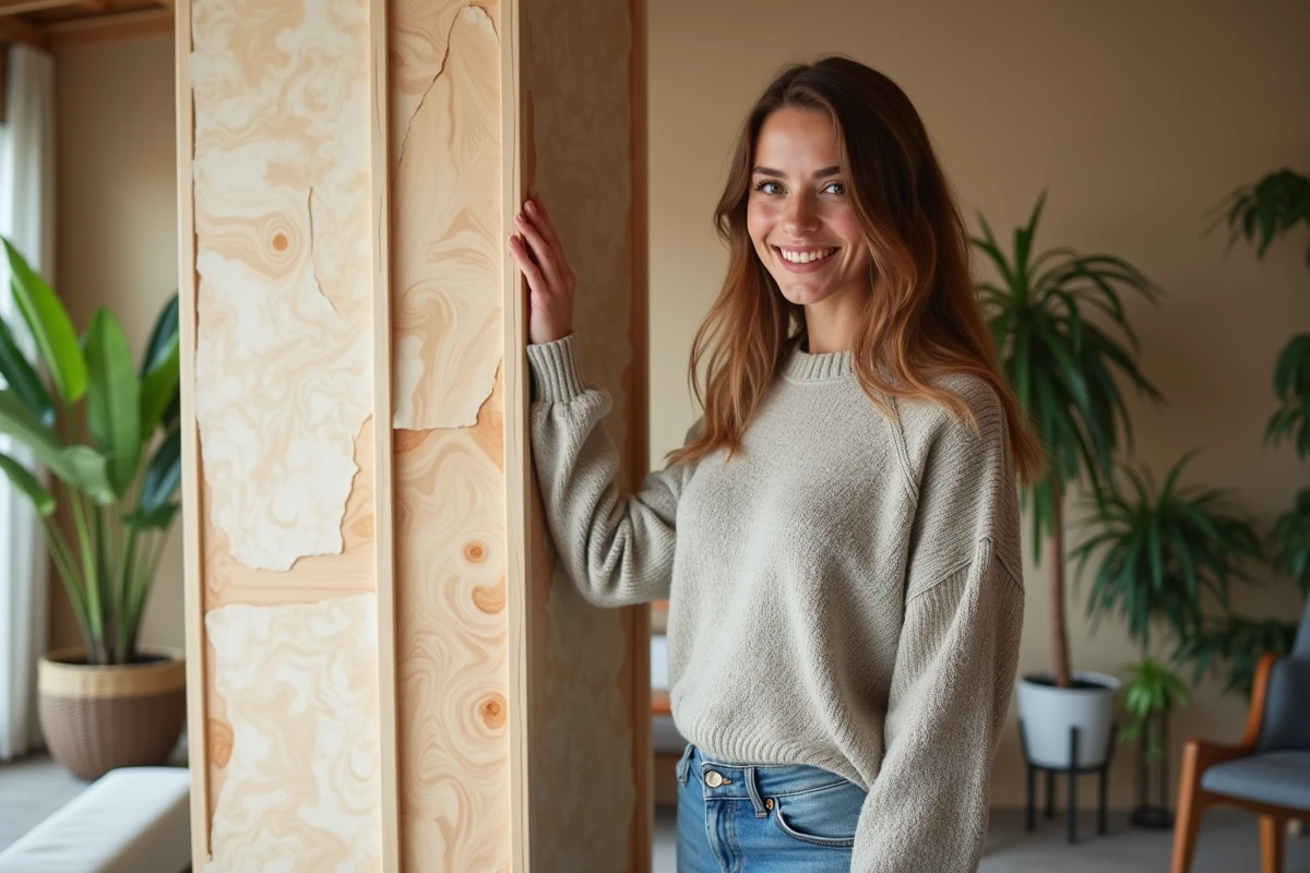 Jeune femme souriante face à un mur isolé écologique
