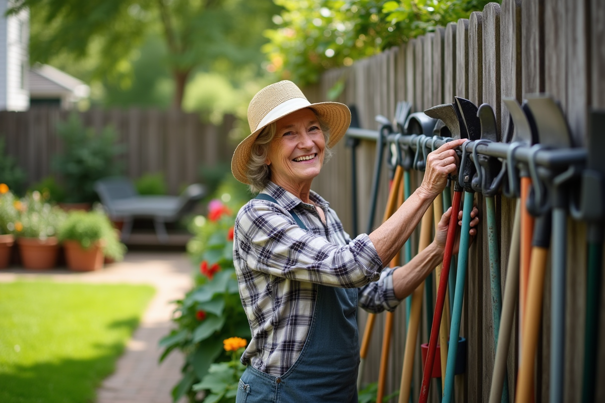 Femme âgée souriante accroche outils de jardin sur clôture