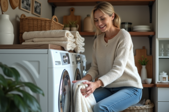 Femme pliant du linge dans une buanderie chaleureuse