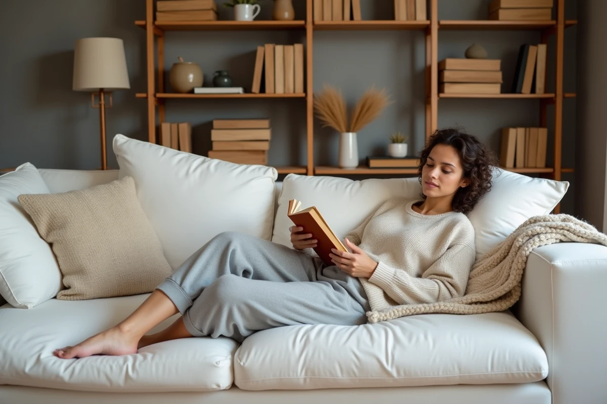 Femme détendue lisant sur un canapé nuage blanc dans un salon d'appartement lumineux avec étagères bois et plaid crème