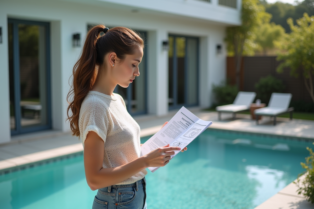 Jeune femme lit manuel de sécurité piscine