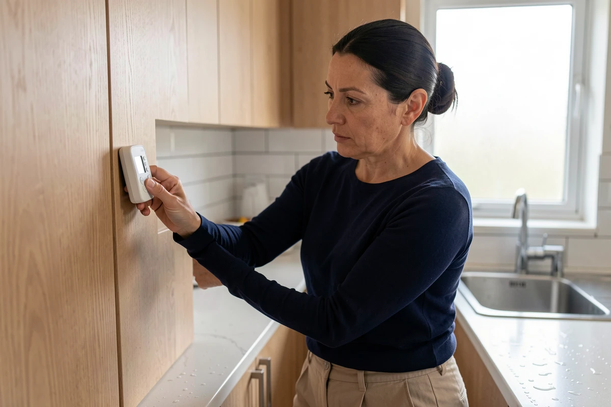 Femme utilisant un hygromètre à pointe sur un meuble de cuisine en bois pour détecter l'humidité