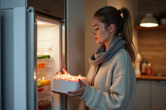 Femme déposant des bougies colorées dans un congélateur moderne