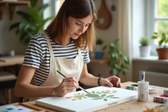 Femme peignant une toile paint by numbers florale avec des petits pots de peinture acrylique numérotés sur une table en bois