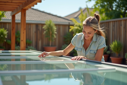 Femme posant des feuilles réfléchissantes sur un toit en polycarbonate