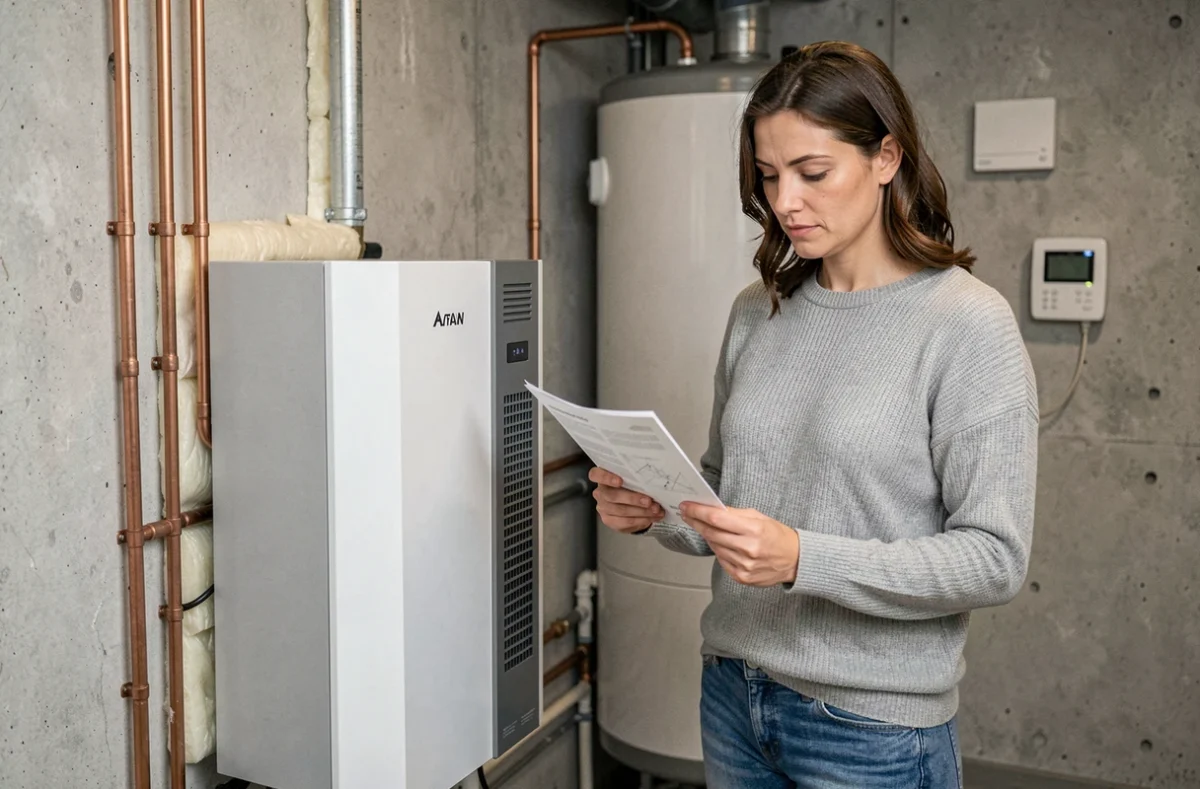 Femme consultant une brochure technique devant une pompe à chaleur air-eau installée dans une chaufferie d'appartement