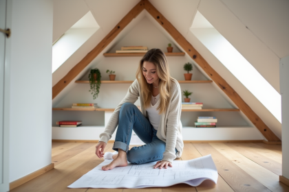 Femme dans un atelier rénové examine des plans architecturaux