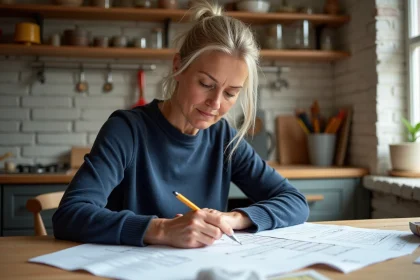 Femme concentr&eacute;e &eacute;tudiant plans de r&eacute;novation cuisine