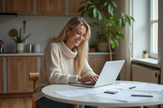 Femme souriante dans un appartement renové avec documents
