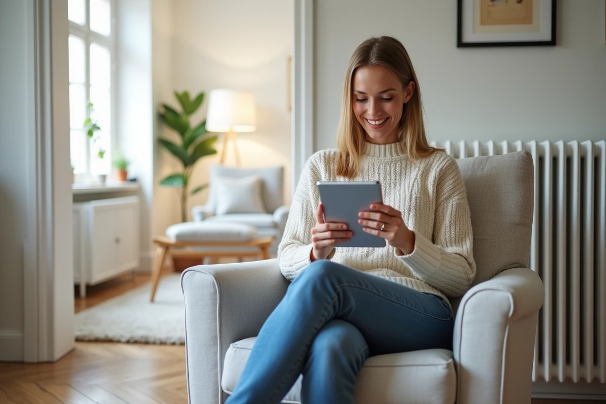 Jeune femme d&eacute;tendue utilise une tablette pr&egrave;s du radiateur