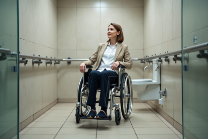 Femme en fauteuil dans une salle de bain accessible