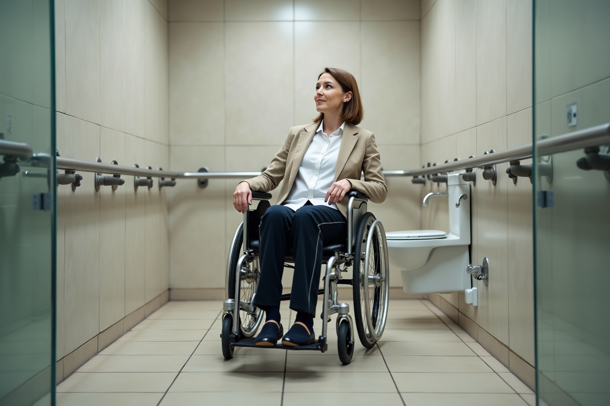 Femme en fauteuil dans une salle de bain accessible