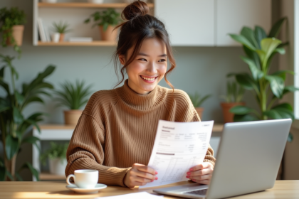 Jeune femme souriante vérifiant sa facture d'électricité à la maison