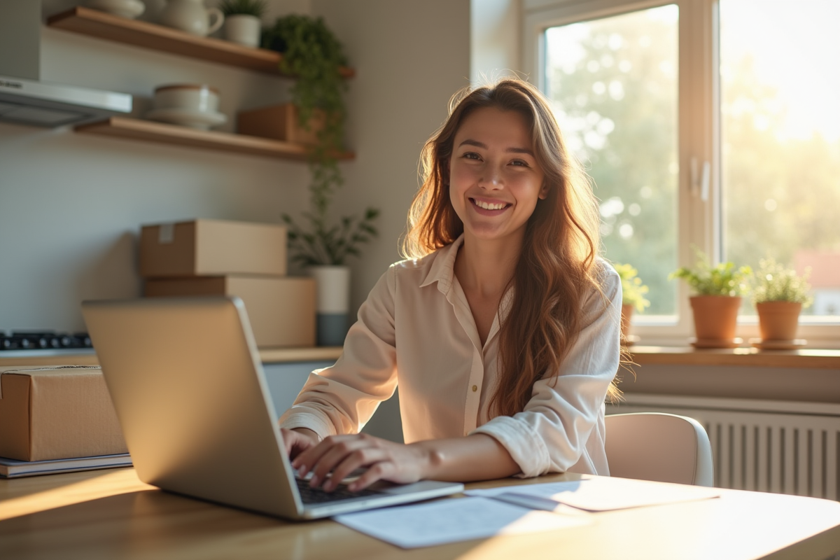 Jeune femme souriante à la cuisine avec ordinateur et contrat