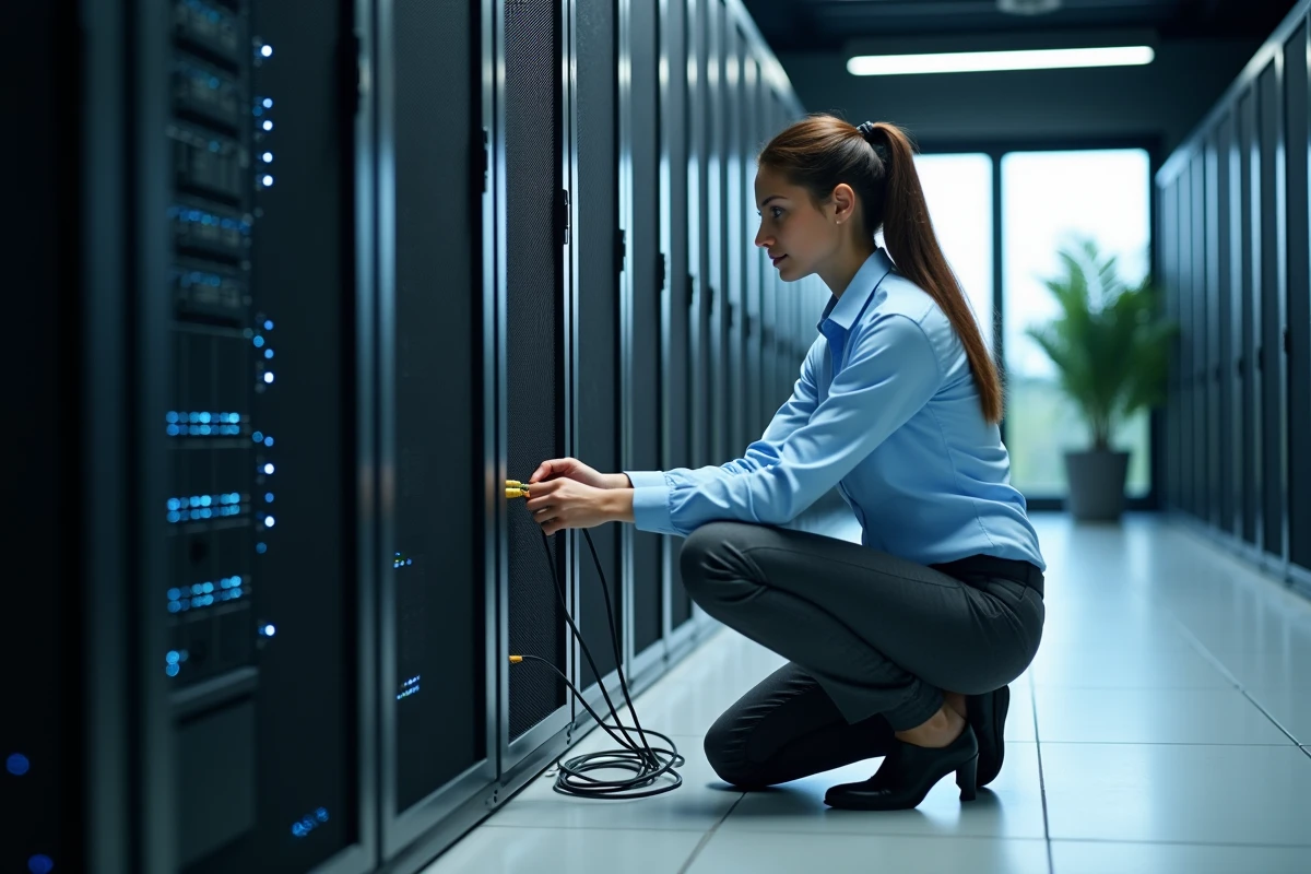 Jeune femme connectant câbles dans un centre de données moderne