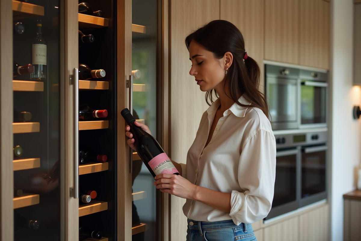 Femme rangeant une bouteille de vin dans un cellier moderne
