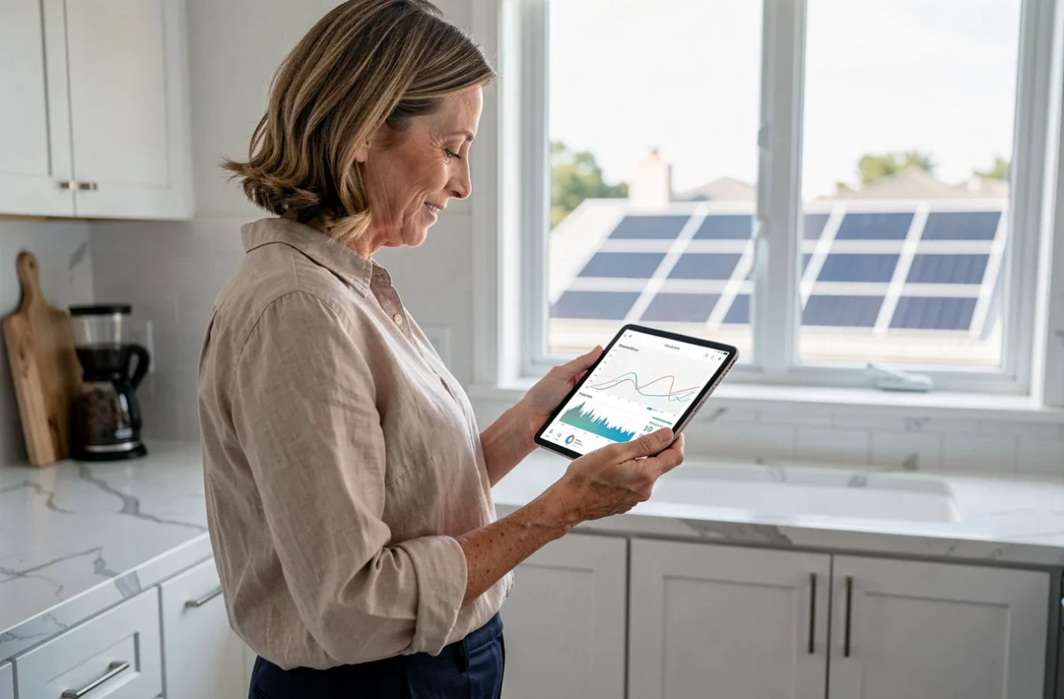 Femme consultant le tableau de bord de production solaire sur tablette dans une cuisine moderne