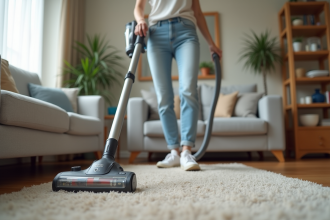 Femme utilisant un aspirateur dans un salon moderne et accueillant