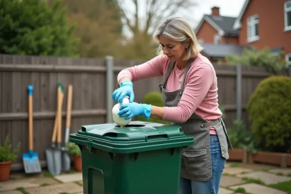 Femme versant du vinaigre dans un bac de jardin propre