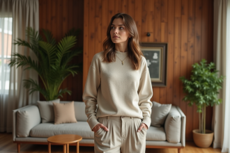 Femme élégante examinant un lambris en bois vintage dans un salon moderne