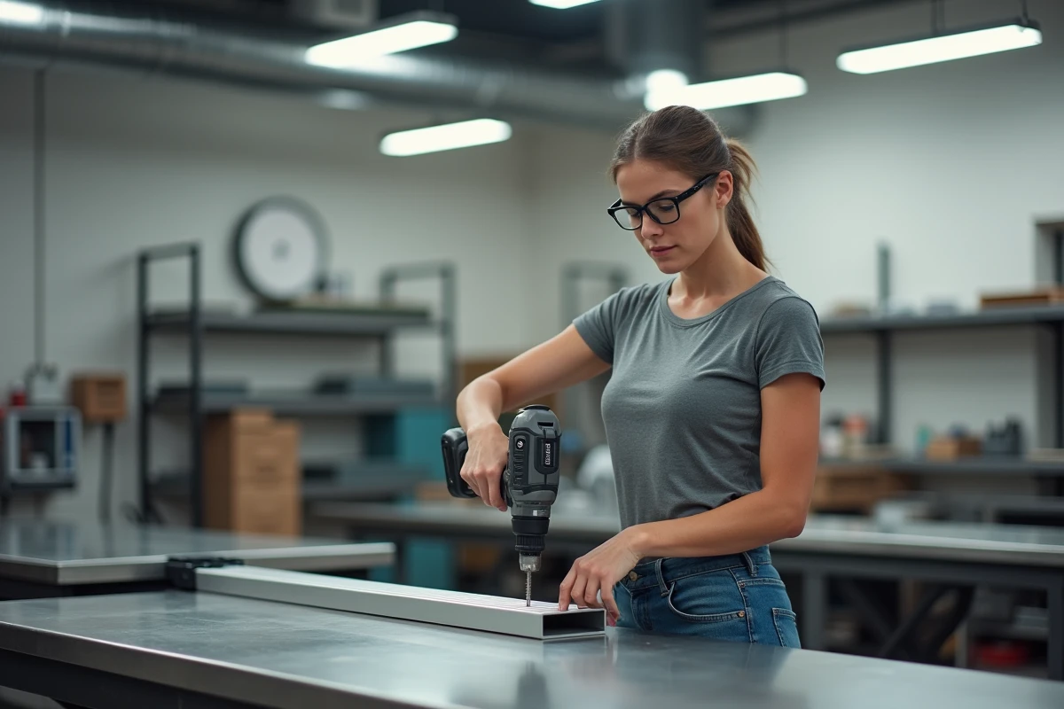 Femme vissant un tube en aluminium rectangulaire avec une perceuse sans fil dans un atelier de fabrication moderne