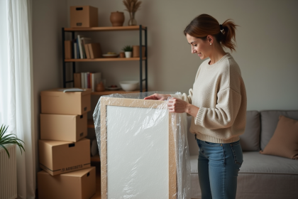 Femme emballant une peinture dans un salon chaleureux