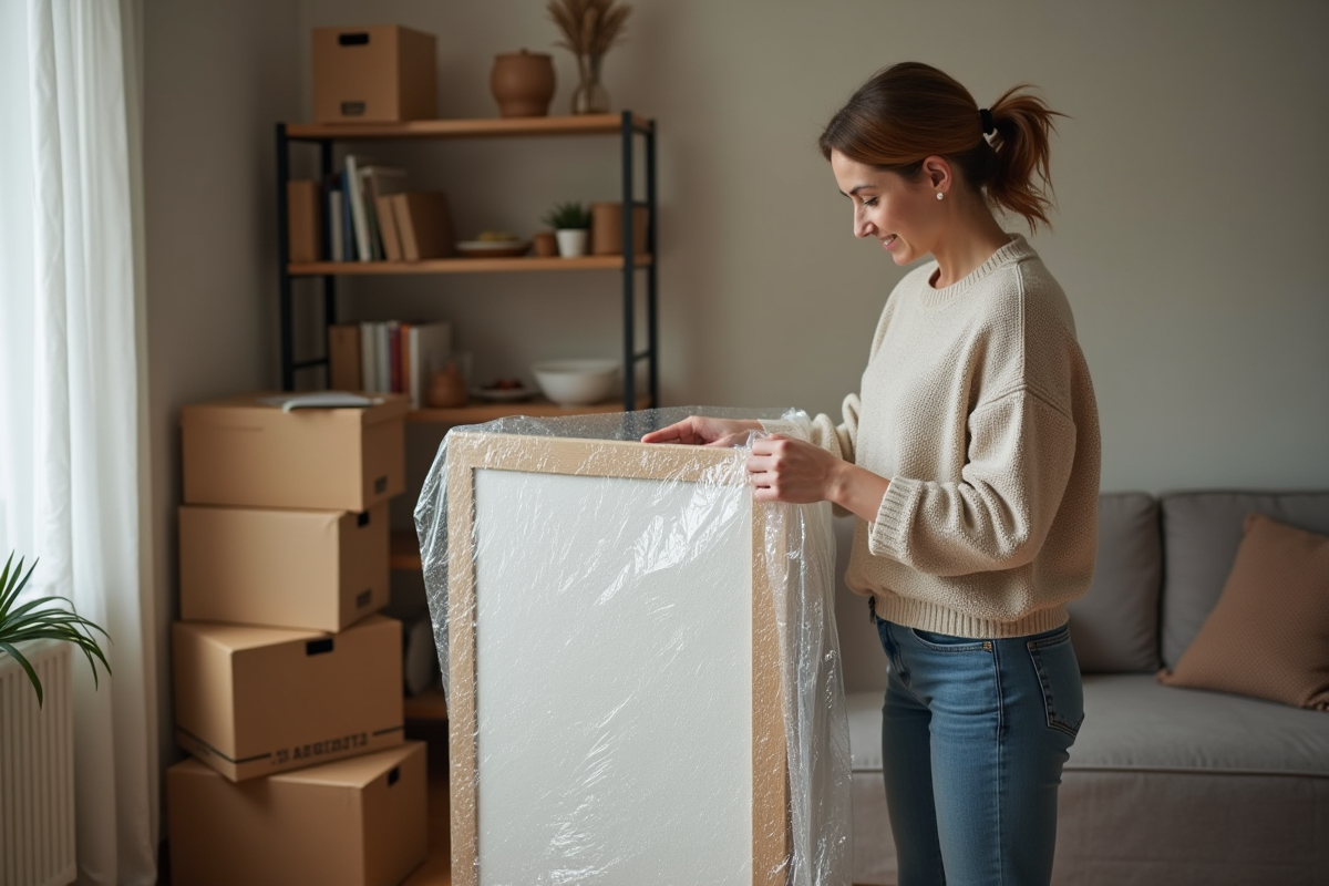 Femme emballant une peinture dans un salon chaleureux