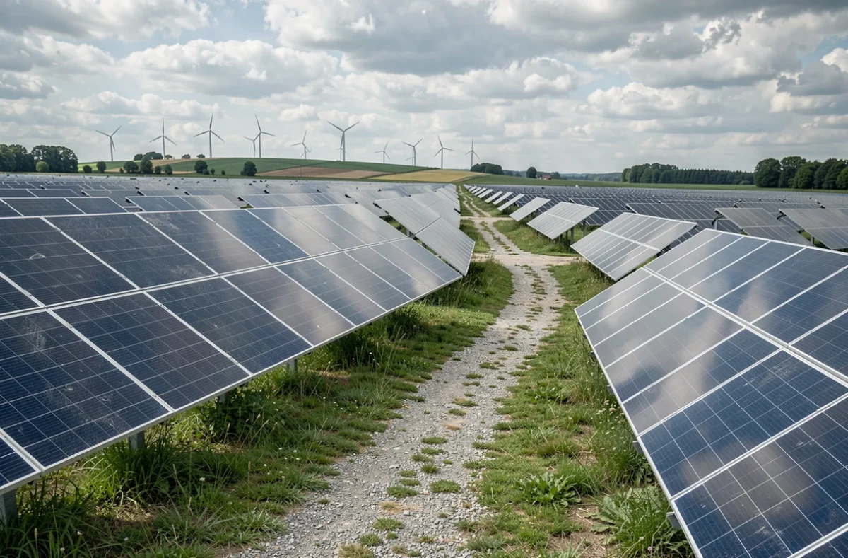 Champ de panneaux photovoltaïques polycristallins installés au sol dans une campagne européenne