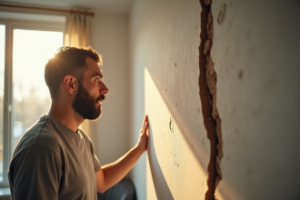 Propriétaire inquiet examinant une fissure sur le mur