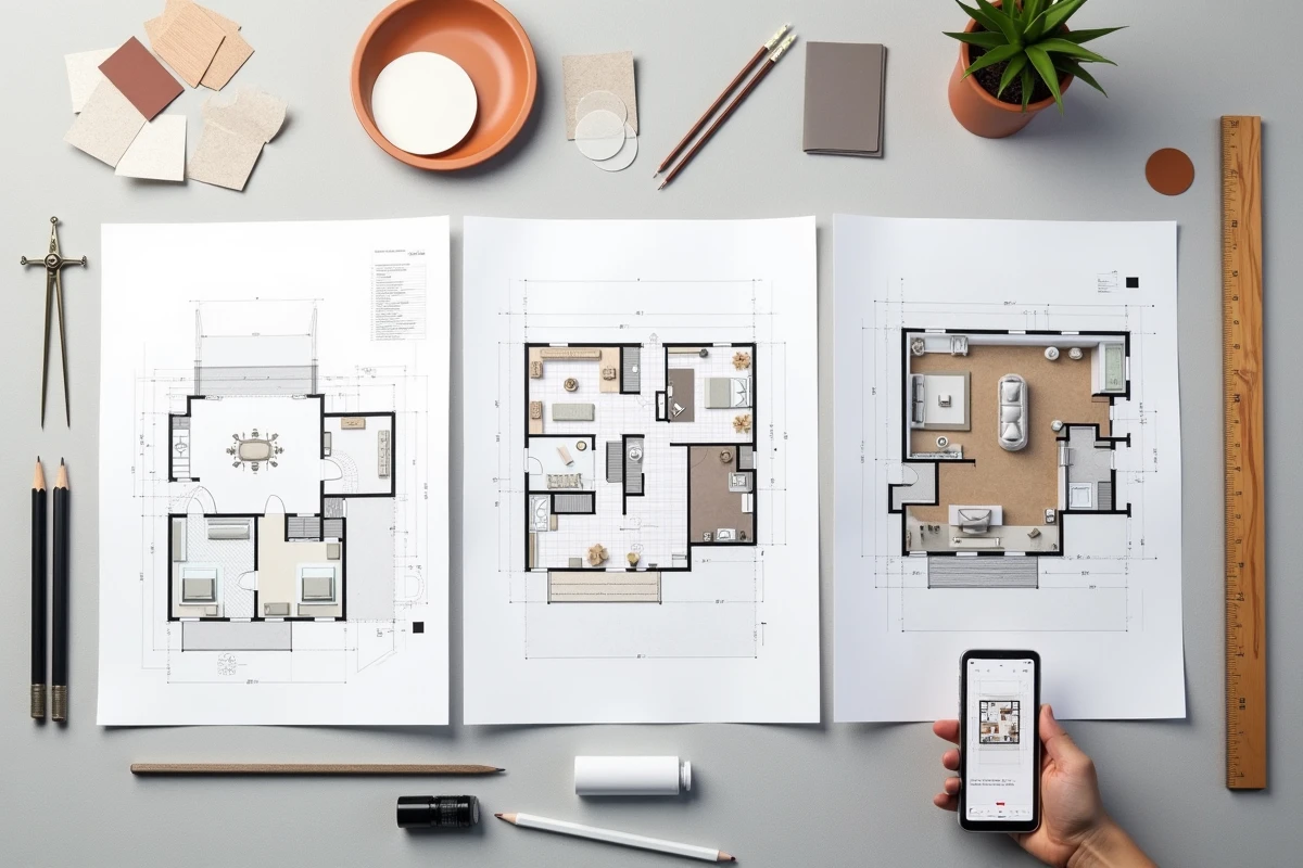 Flat-lay de plans d'architecture intérieure manuscrits et numériques avec outils de conception sur surface en béton gris