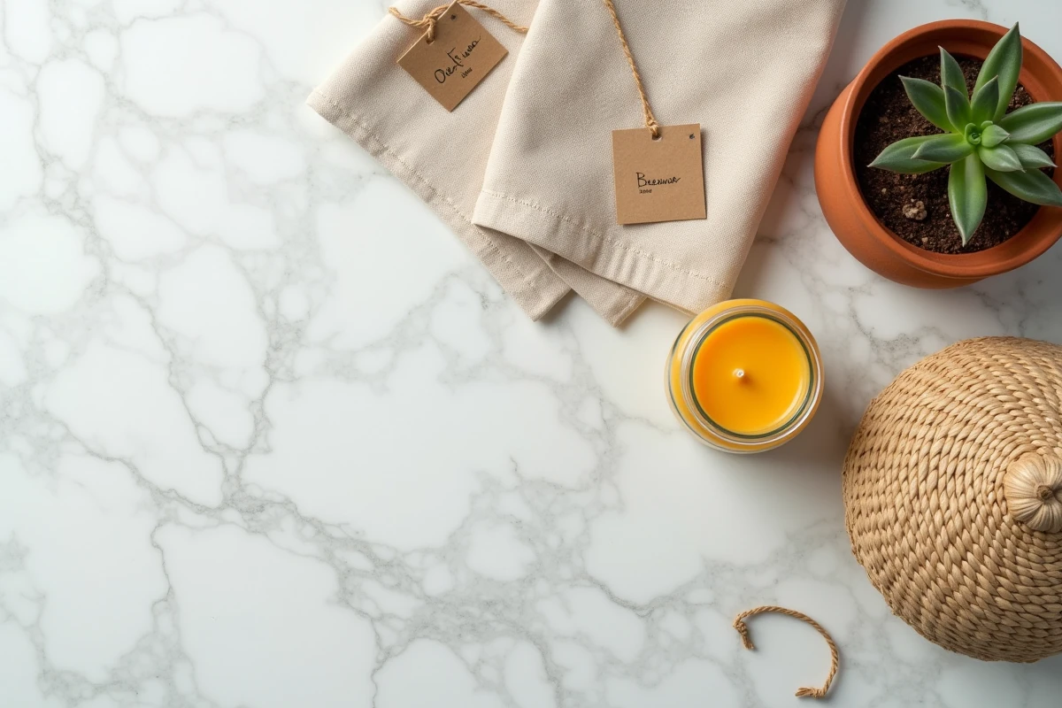 Composition flat-lay de produits écoresponsables pour la maison sur marbre, incluant bougie en cire d'abeille et linge de table en lin
