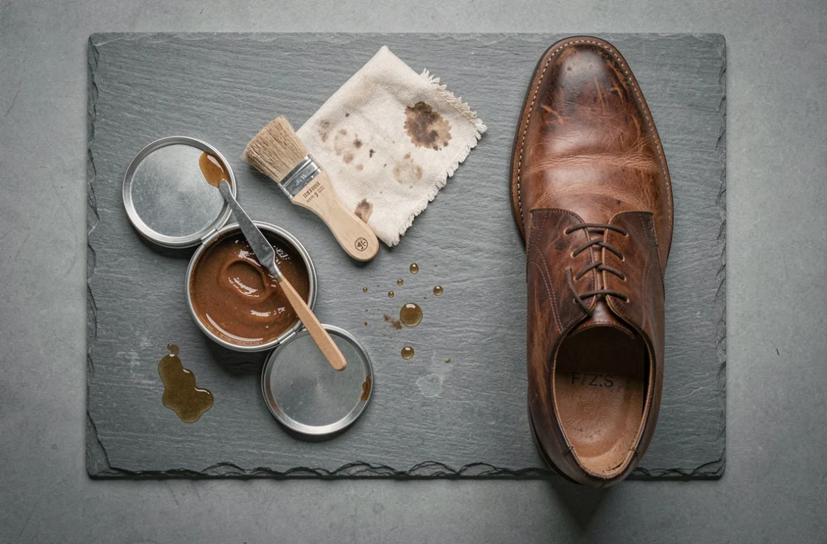 Flat-lay de produits d'entretien pour chaussures en cuir avec un pot de graisse ouvert, une brosse et un chiffon sur une surface en ardoise