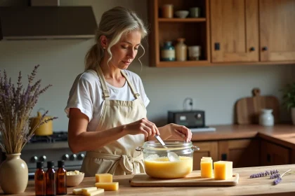 Femme faisant fondre du savon artisanal dans une casserole au bain-marie entourée d'huiles essentielles et de lavande séchée