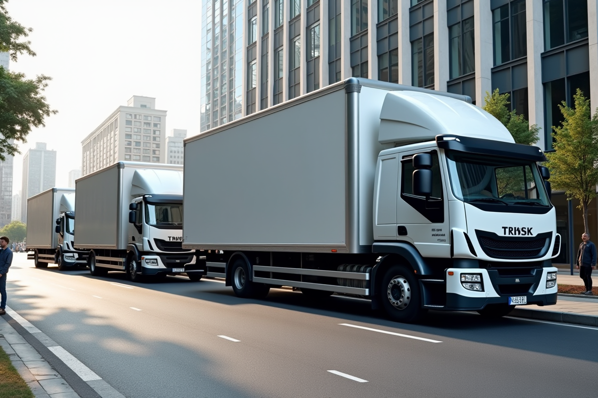 Trois camions de déménagement de tailles différentes garés côte à côte en ville
