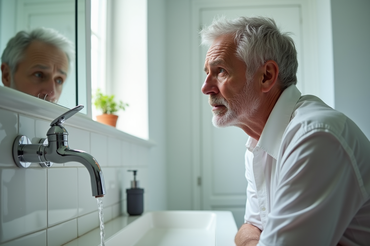 Propriétaire inquiet regardant une fuite d'eau dans la salle de bain