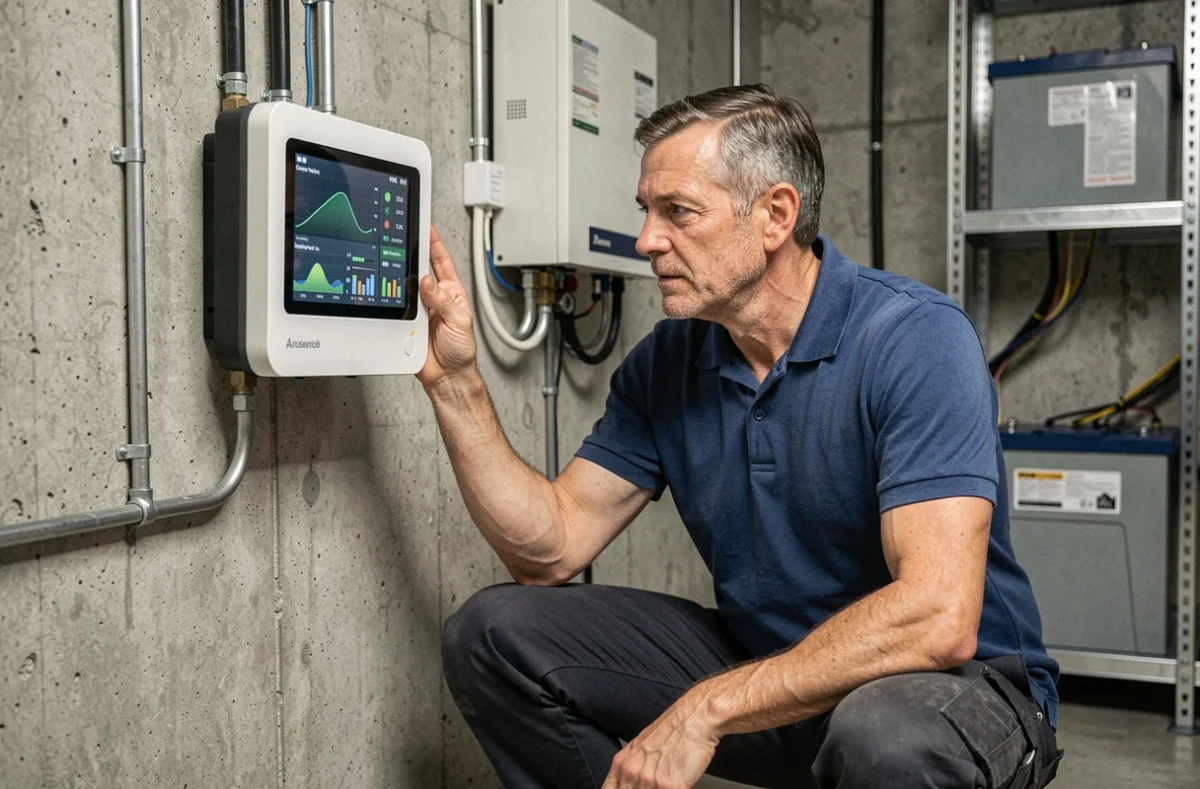 Homme consultant le tableau de bord d'un système solaire 3000W dans une salle technique résidentielle