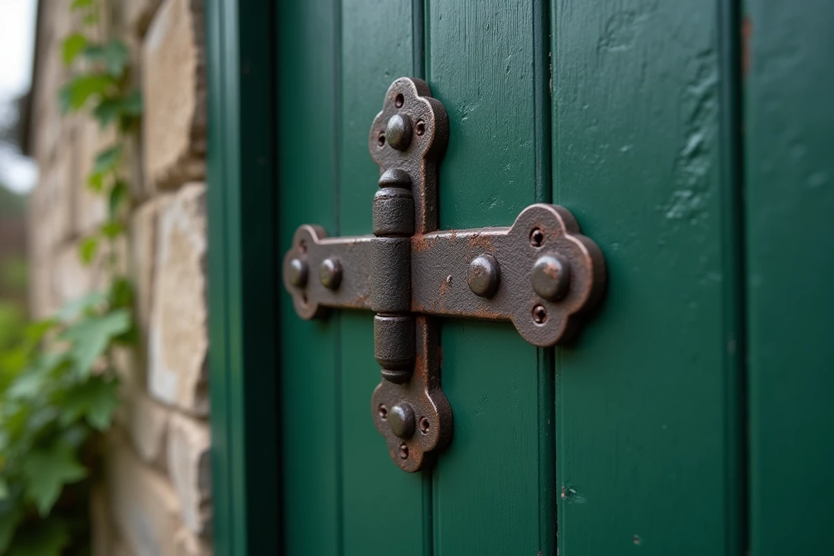 Gond en fer forgé robuste monté sur une porte d'entrée extérieure en bois peint vert avec patine naturelle