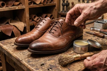 Paire de chaussures Oxford en cuir brun posée sur un établi avec un pot de graisse ouvert et une brosse à cirer, dans un atelier de cordonnier traditionnel