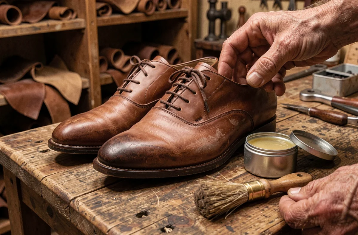 Paire de chaussures Oxford en cuir brun posée sur un établi avec un pot de graisse ouvert et une brosse à cirer, dans un atelier de cordonnier traditionnel