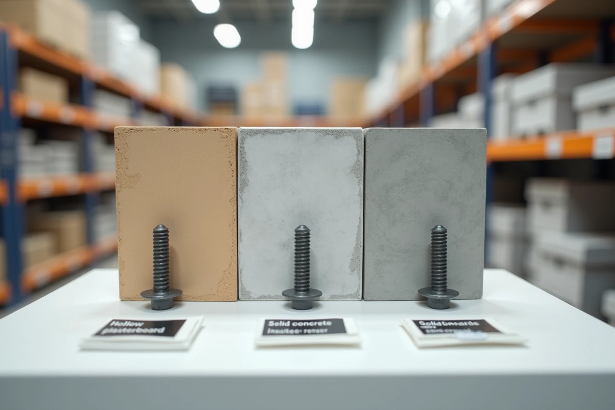 Gros plan sur trois types de chevilles différentes fixées dans des matériaux de mur variés : placo, béton et isolant extérieur